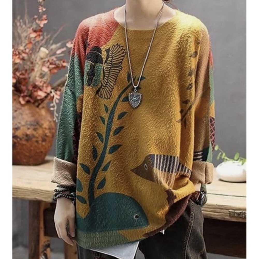 UNV Sweater Womens XL Oversized Fish Graphic Art Pullover Hippie Electric Funky